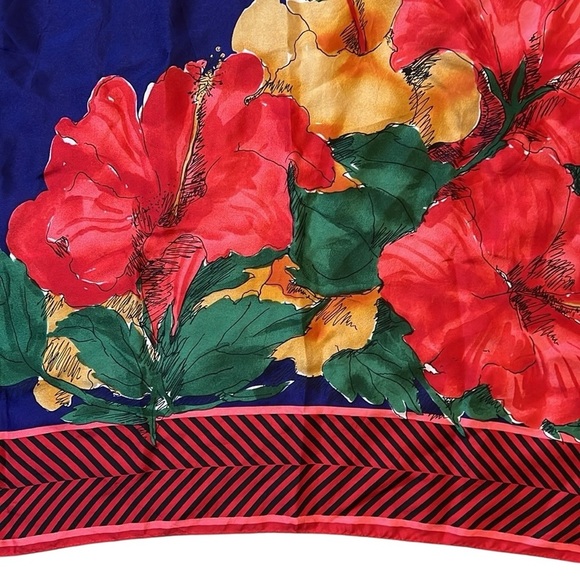 Vera 100% Silk Floral Scarf 30x30 Red/Navy/Yellow Hibiscus Tropical Print Bright - Picture 3 of 13